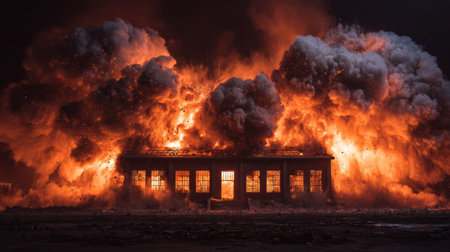 Fiery explosion engulfs abandoned building at night, dramatic smoke and flames create intense, chaotic atmosphere, destruction visibleの素材