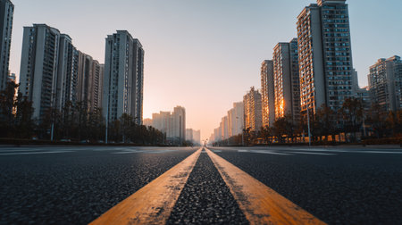 Modern cityscape sunrise empty road tall building urban architecture morning downtown peaceful perspectiveの素材