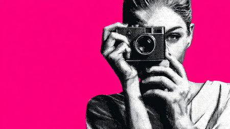 Woman camera photography portrait pink background retro vintage monochrome creative woman holding camera front of her face with pink backgroundの素材