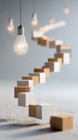 Light bulb floating wooden cubes creative idea abstract modern minimal inspiration innovation Suspended light bulb and floating wooden cubesの素材