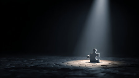 Single puzzle piece illuminated by spotlight on dark background, symbolizing uniqueness, mystery, and solution in dramatic atmosphereの素材