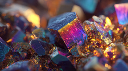 Colorful crystal cluster with iridescent metallic surface, vibrant hues, and geometric shapes, creating mesmerizing natural patternの素材