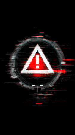 Glitch warning sign, digital triangle alert symbol, red and white exclamation, futuristic error, dark backgroundの素材