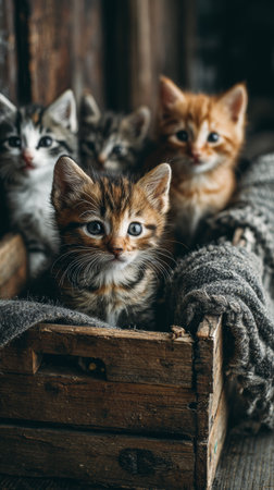 Adorable kitten tabby orange fur wooden box cozy blanket curious playful rustic setting warmthの素材
