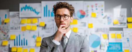 Businessman thinking in front of office wall with charts, graphs, sticky notes, planning strategy, wearing suit, glasses, focused expressionの素材
