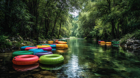 Colorful inflatable tube river forest summer outdoor relaxation water nature adventure peaceful scene with vibrant moodの素材