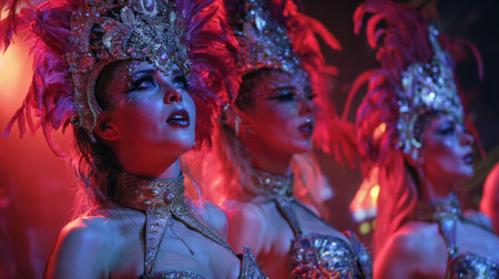 Showgirl costume feather headdress performance stage glamour dance entertainment dramatic Showgirl costume feather headdress performance stageの素材