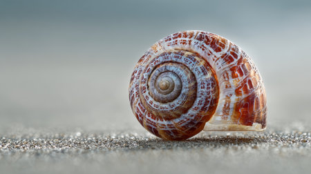 Spiral shell beach sand nature closeup pattern brown white empty macro spiral shell with brown and white pattern rests sandy beach showcasingの素材