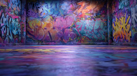 Vibrant graffiti wall, colorful urban art, street style, abstract mural, expressive creativity, indoor space, energetic atmosphereの素材