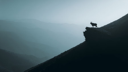 Mountain goat silhouette peak misty landscape nature wild animal dramatic. solitary goat stands on mountain peak surrounded by misty blue layersの素材