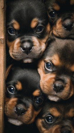 Group of adorable black and brown puppies with soulful eyes closely cuddling together, expressing warmth and innocenceの素材