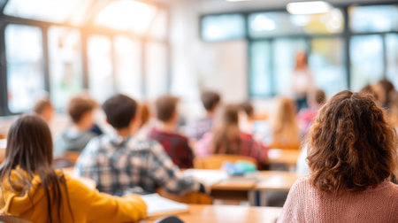 Students classroom learning education school teacher sunlight group focus academic sitting lesson knowledge youth teenager study back desk windowの素材