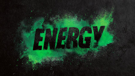 Energy word bold black font with vibrant green powder explosion on dark textured background, dynamic and powerful visual effectの素材
