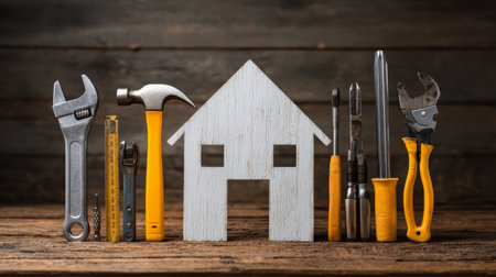 House tool wood construction repair maintenance home equipment metal yellow rustic improvement concept backgroundの素材