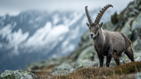 Alpine ibex, wild goat, standing on rocky mountain slope with snow capped peaks in background, alert and majestic in natural habitatの素材