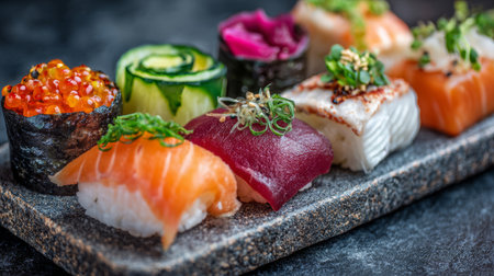 Assorted sushi, nigiri, sashimi, cucumber roll, and gunkan with vibrant toppings on stone plate, fresh and appetizing Japanese cuisineの素材