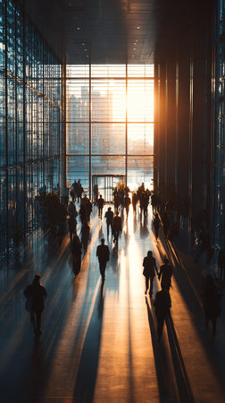 Modern office building interior with large glass windows, people walking, sunlight streaming, urban cityscape, energetic morning atmosphereの素材