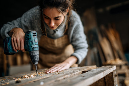 Woman carpenter using electric drill wood workshop focused working hands skillful adult female craft construction tool sawdust plank projectの素材