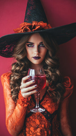 Woman witch costume hat orange lace dress curly hair makeup glass wine red lipstick dramatic mysterious Halloween party fashion beautyの素材