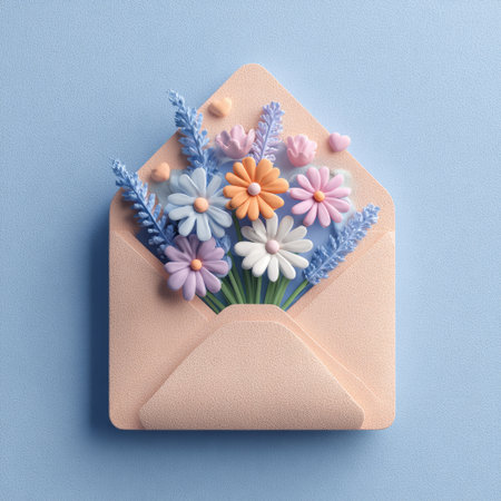 Pastel envelope daisy lavender heart flower spring greeting soft blue pink cheerful moodの素材