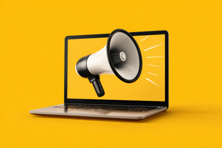 Megaphone laptop yellow announcement communication technology digital alert online message. megaphone emerges from laptop screen yellow backgroundの素材
