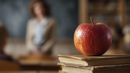 Red apple old book classroom teacher education learning school wooden desk healthy focus nostalgic inspiring knowledge fresh fruit blurredの素材