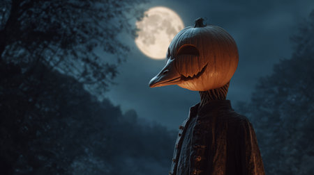 Pumpkin moon night spooky forest Halloween costume eerie surreal autumn spooky pumpkin headed figure with bird like beak stands dark forest fullの素材