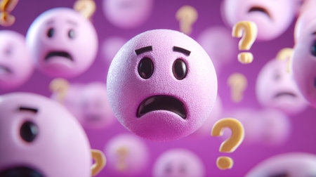 Worried pink emoji face with raised eyebrows and open mouth surrounded by floating question marks on purple backgroundの素材