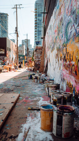 Colorful paint cans urban street graffiti wall city buildings creative expression outdoor art vibrant messy energetic lively sceneの素材