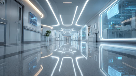 Futuristic hospital corridor with bright lighting, glossy floor, digital screens, and modern technology, creating clean, advanced atmosphereの素材