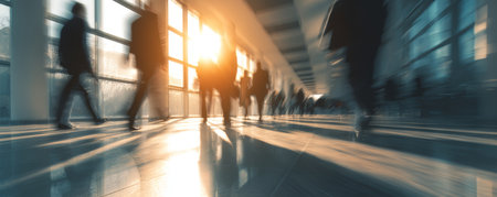 Business people sunlight motion blur modern office glass window busy urban morning walking teamwork create dynamic workplace sceneの素材