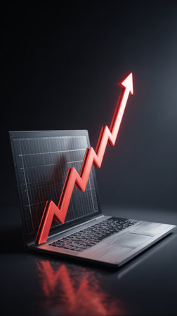 Rising red arrow laptop financial growth business success digital chart technology upward trend dark background optimismの素材