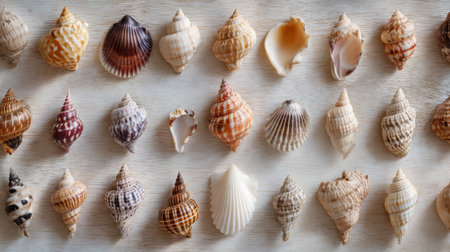 Seashell collection natural assorted pattern marine beach shell texture decorative arranged colorful variety ocean coastal summer spiral smoothの素材