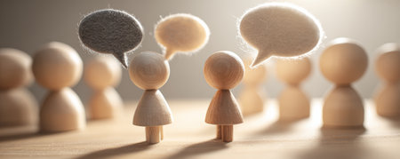 Wooden figure speech bubble communication conversation group teamwork discussion idea people light. Wooden figures with speech bubbles engageの素材