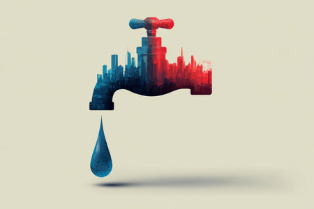 Cityscape faucet water drop urban silhouette conservation environment creative concept. Urban cityscape silhouette forms faucet with single waterの素材