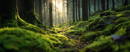 Sunlight filters through tall trees in lush green forest, illuminating moss covered ground and creating peaceful, magical atmosphereの素材