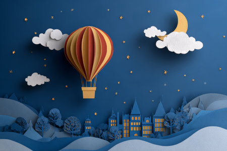 Hot air balloon night sky moon cloud star paper art cityscape whimsical blue yellow. hot air balloon floats above whimsical cityscape night withの素材