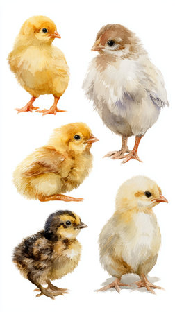 Five fluffy baby chicks, yellow, brown, and white, standing isolated on white background, cute and soft, watercolor styleの素材