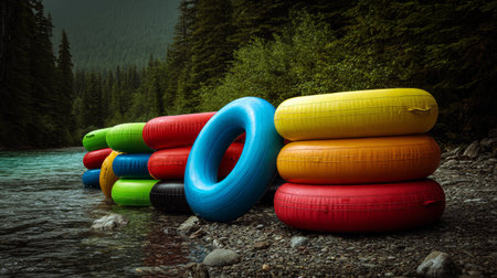 Colorful inflatable tubes stacked on rocky riverbank, surrounded by lush green forest, outdoor adventure, summer fun, vibrant moodの素材