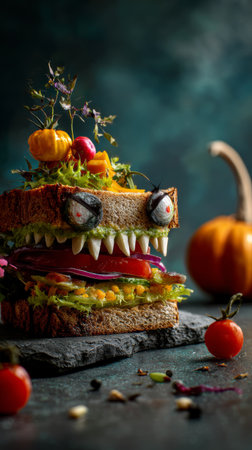 Vegetable sandwich bread lettuce tomato onion cheese creative funny Halloween monster creative Halloween vegetable sandwich with lettuce tomatoの素材