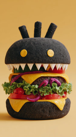 Black burger bun yellow cheese lettuce tomato purple onion creative monster face playful food art isolated yellow backgroundの素材