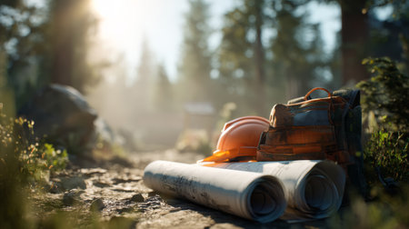 Blueprint helmet backpack forest sunlight outdoor construction planning nature equipment. Construction blueprint and safety helmet with backpackの素材
