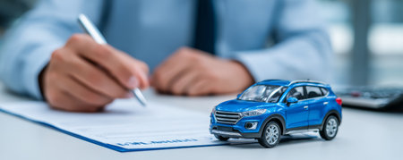 Man car document pen contract insurance finance business office blue Signing contract with pen blue toy car on table business and insurance conceptの素材
