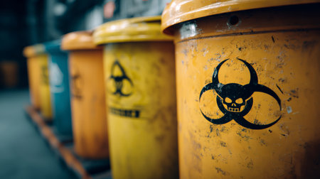 Yellow hazardous waste bin biohazard symbol industrial safety warning metal container selective focus dangerous environmentの素材