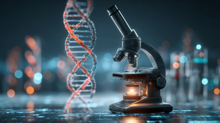 Microscope DNA laboratory science research technology biology medical glowing futuristic Laboratory microscope and DNA strand glowing futuristicの素材