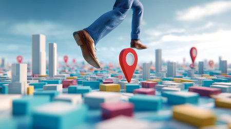 Man walking above colorful cityscape with location pin marker, symbolizing navigation, urban exploration, and modern technology conceptの素材