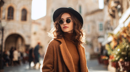 Young woman brown coat black hat sunglasses curly hair autumn city street stylish outdoor confident moodの素材