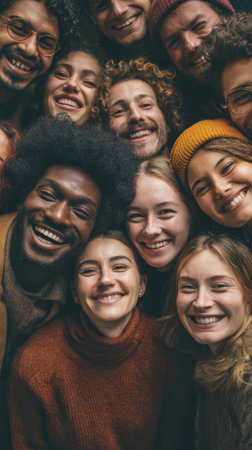 Diverse group people smiling happy friends together outdoor autumn casual Joyful diverse group of people smiling together outdoors autumn wearingの素材