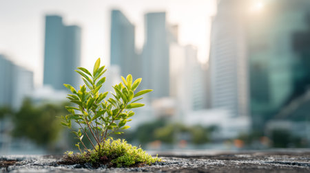 Young green plant growing on urban concrete with city skyscrapers in background, symbolizing hope and environmental sustainabilityの素材