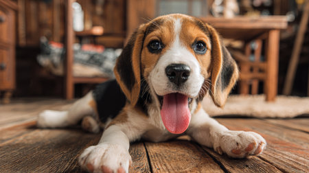Playful beagle puppy lying on wooden floor indoors, tongue out, happy expression, warm home atmosphere, adorable petの素材